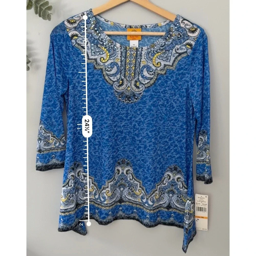 Ruby Rd Top Bohemian Petite Blue Horizon Paisley Rhinestone Embellished NWT - Picture 3 of 9